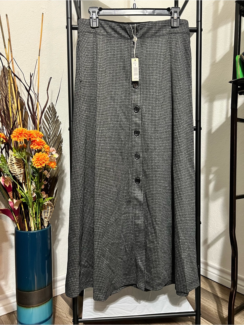 NWT Max Studio Button-Front Houndstooth A-Line Skirt - Gray